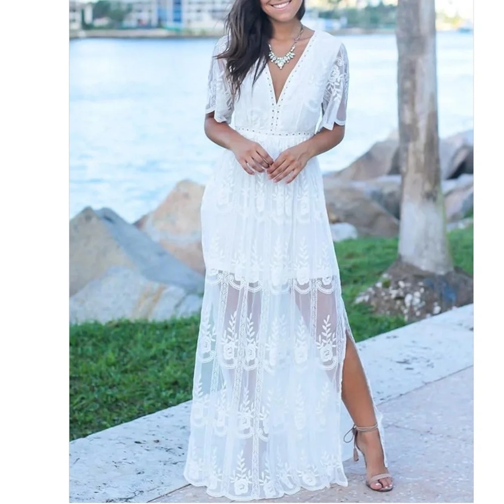 Womens V Neck Floral Embroidered Lace Maxi Dress - Picture 1 of 7